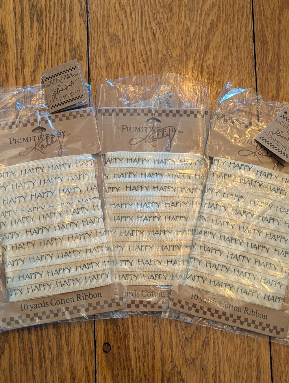 Primitives by Kathy Cream Cotton Ribbon Black "HAPPY" Print - Pack of 3 30 Yards